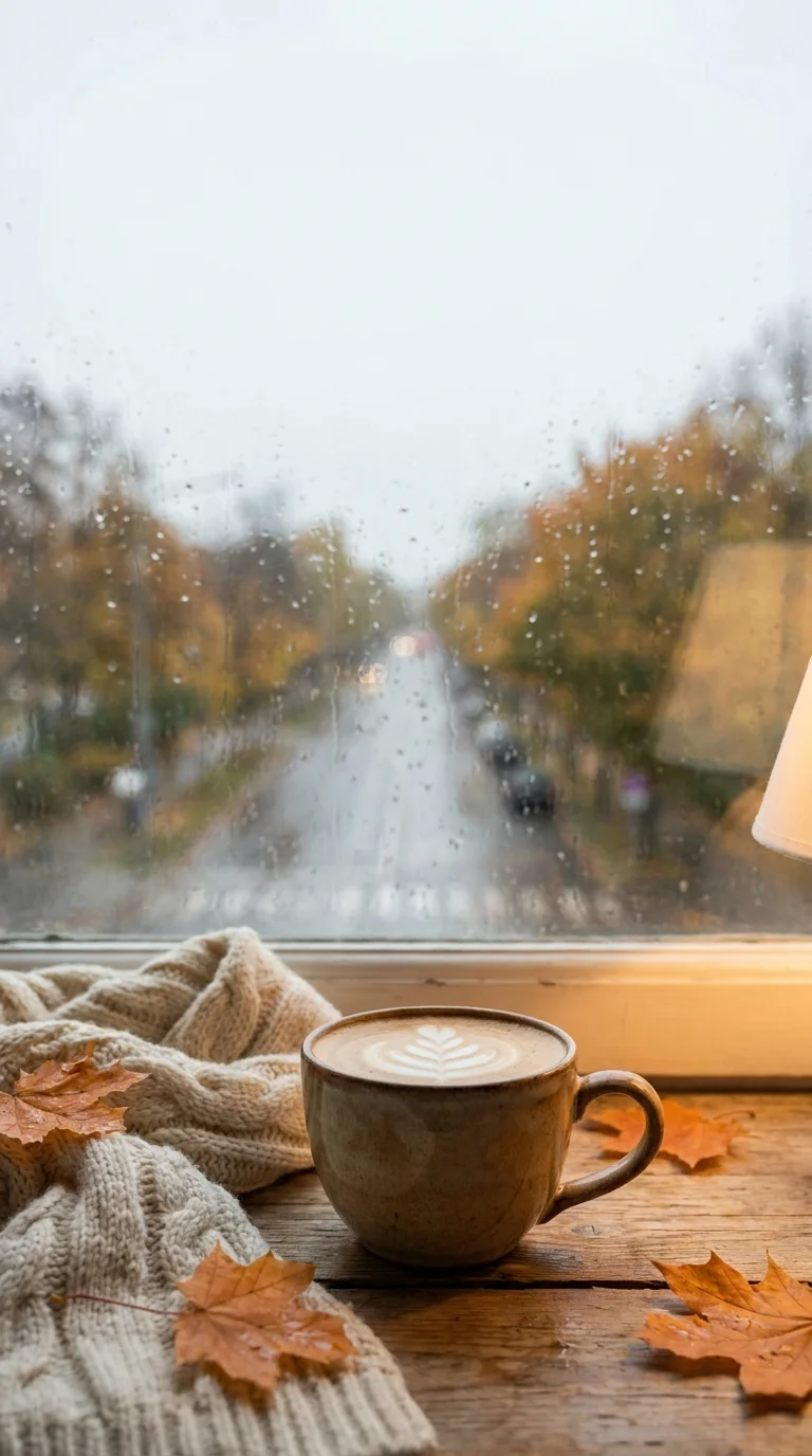 Ventana lluviosa de otoño con un latte (creado con IA)