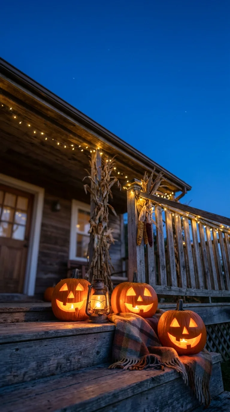 Porche de calabaza acogedor al anochecer (creado con IA)