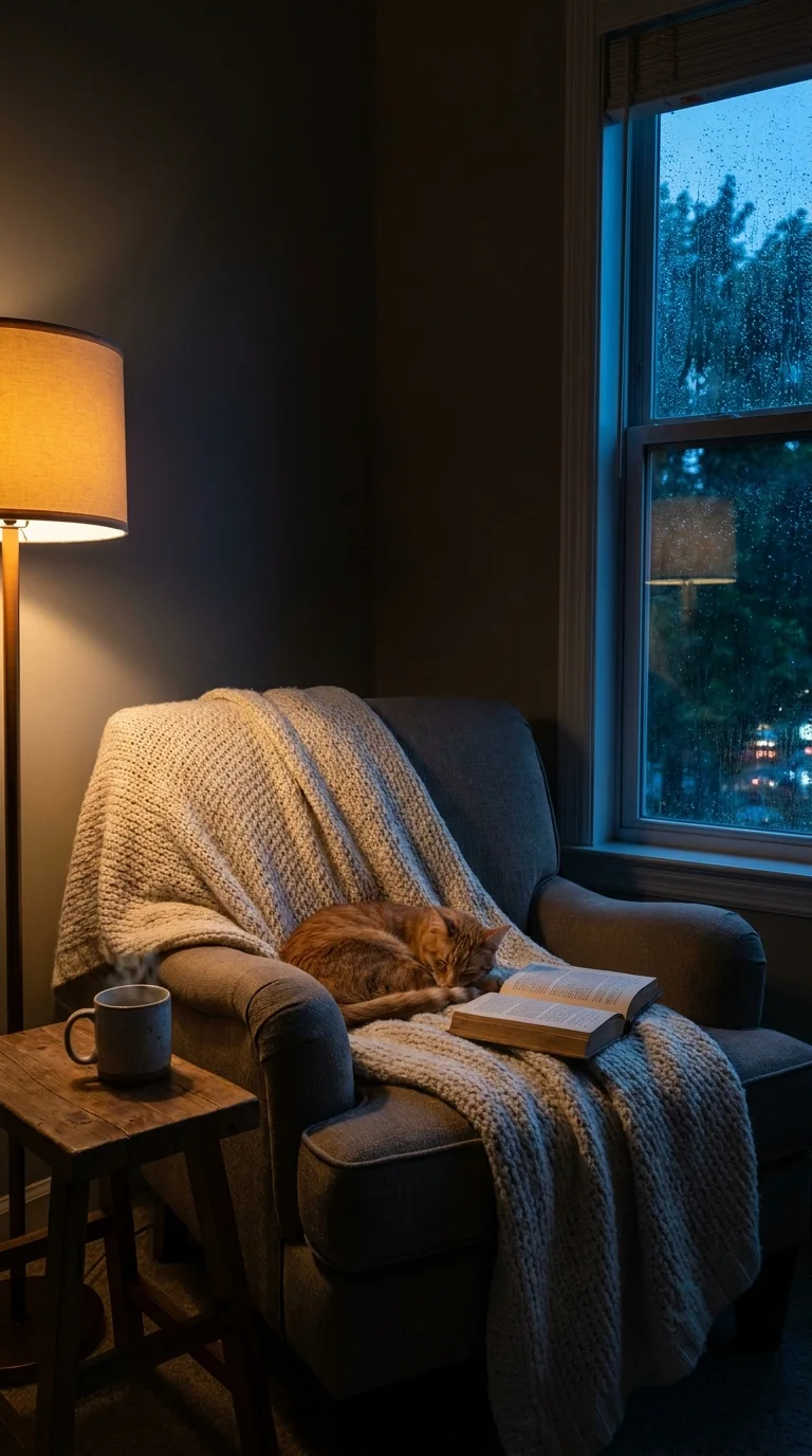 Rincón de lectura en una noche lluviosa (creado con IA)