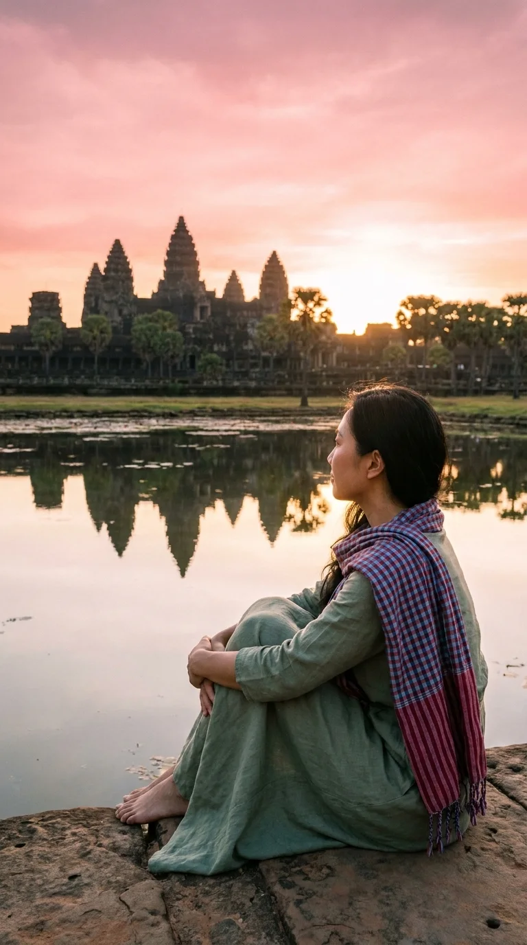 Angkor Wat at sunrise: sitting by the reflecting pond, hugging her knees (made with AI)
