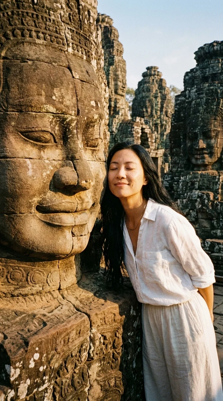 Bayon's stone faces: mirroring the stone face's smile (made with AI)