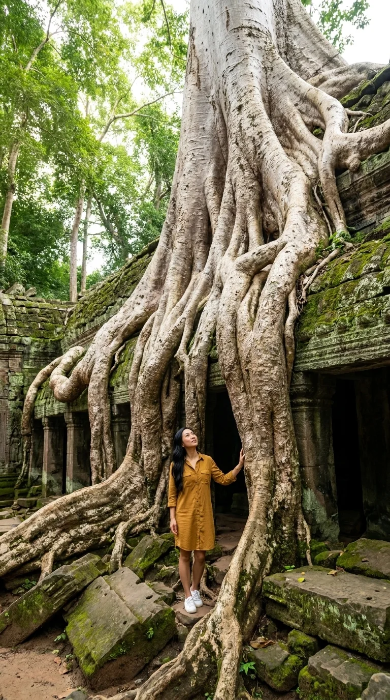 Ta Prohm: touching the giant tree roots, looking up (made with AI)