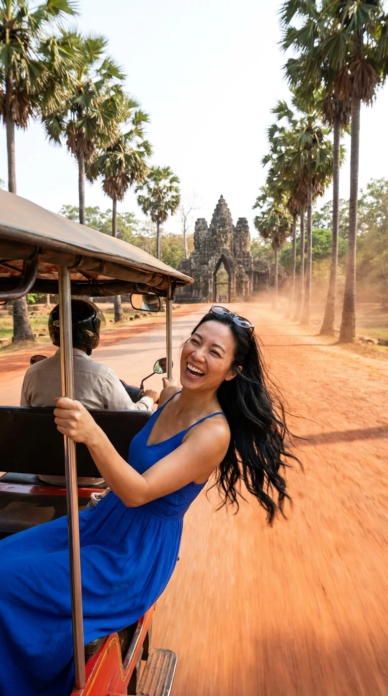 a tuk-tuk ride, Siem Reap: leaning out of a tuk-tuk, laughing (made with AI)