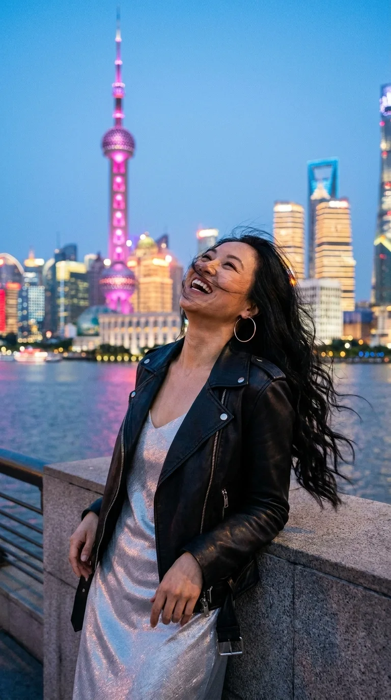 the Bund at night, Shanghai: leaning on the riverside rail, laughing in the wind (made with AI)