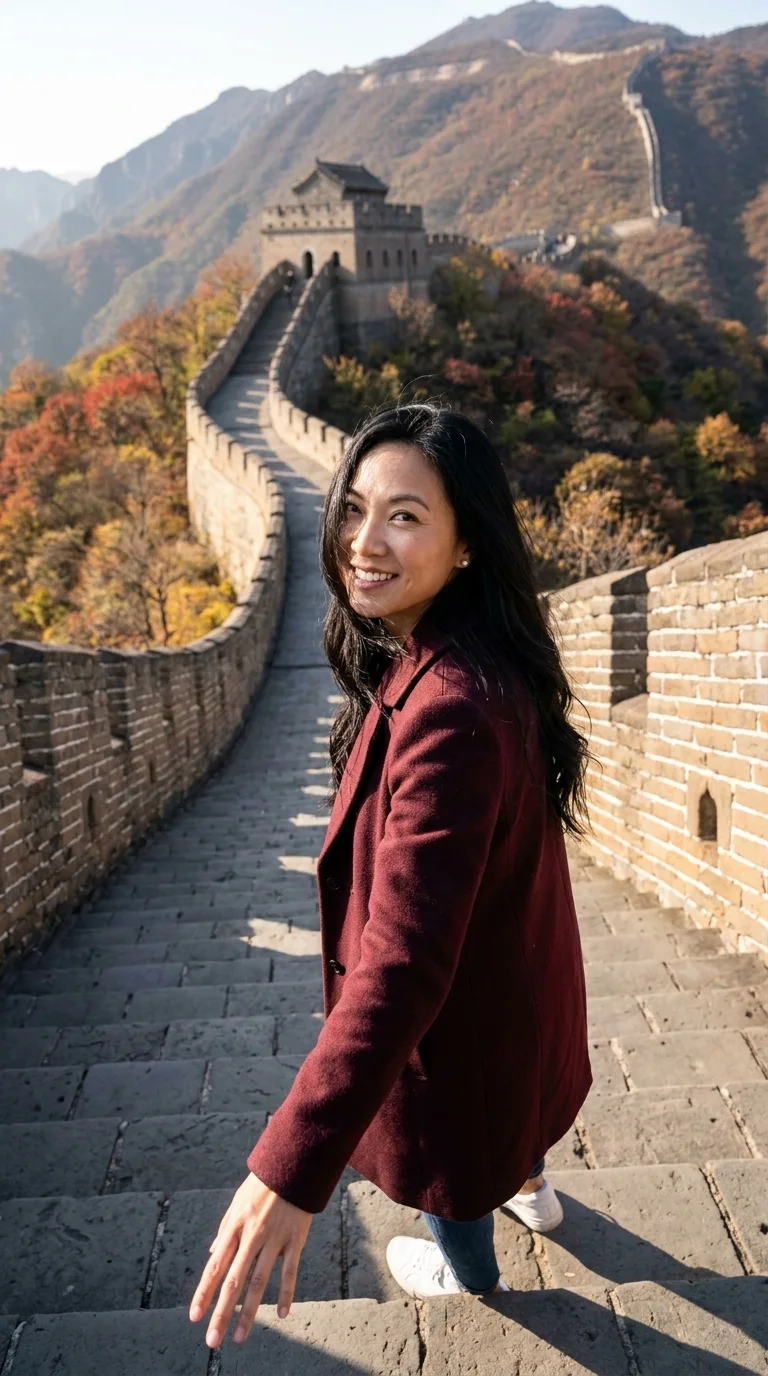 the Great Wall, Mutianyu: climbing the steps, turning back with a hand out (made with AI)