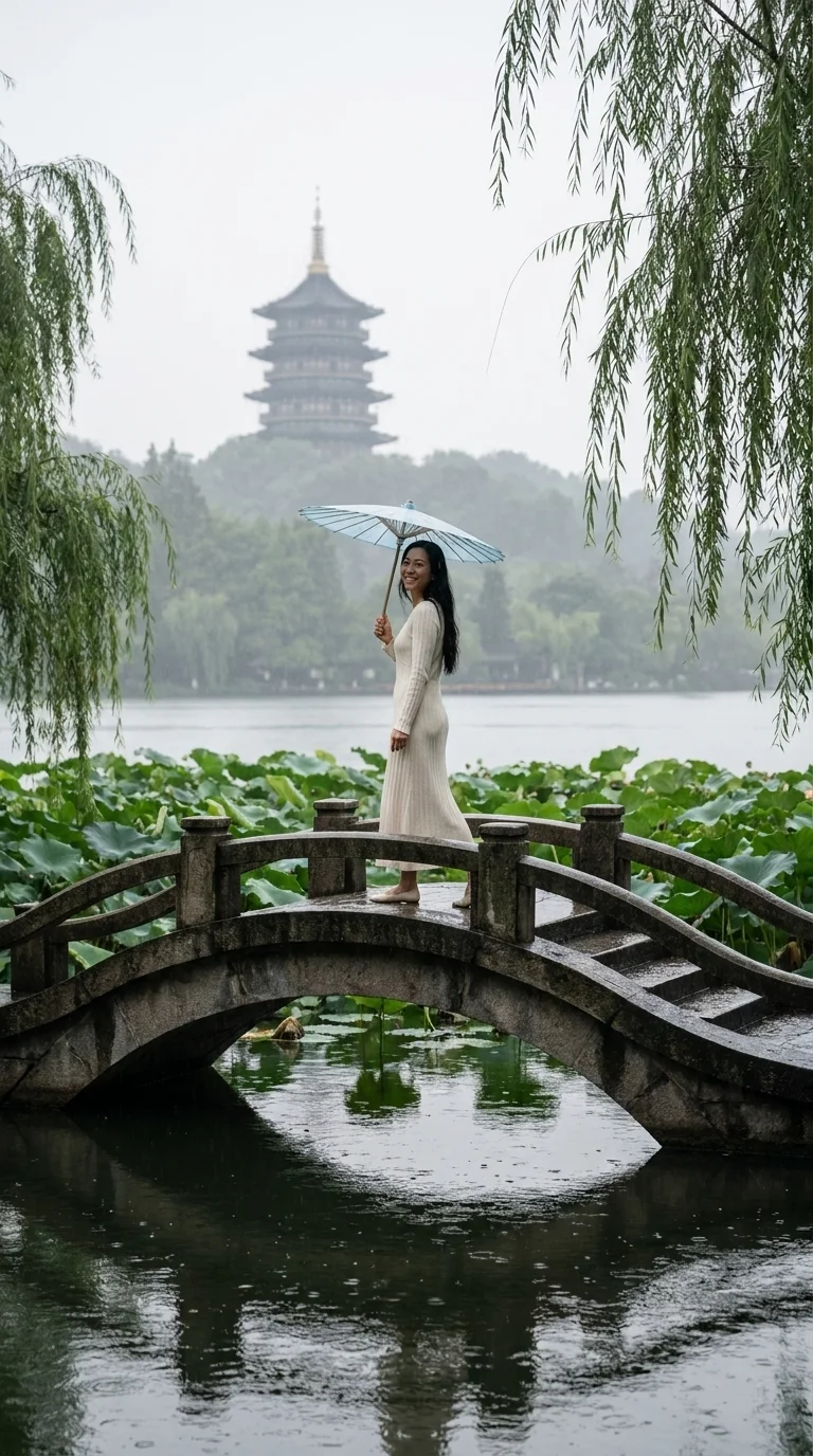 West Lake, Hangzhou: crossing a stone bridge with an oil-paper umbrella (made with AI)