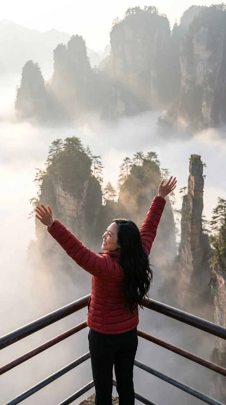 Zhangjiajie's stone pillars: arms raised on a viewing ledge in the mist (made with AI)