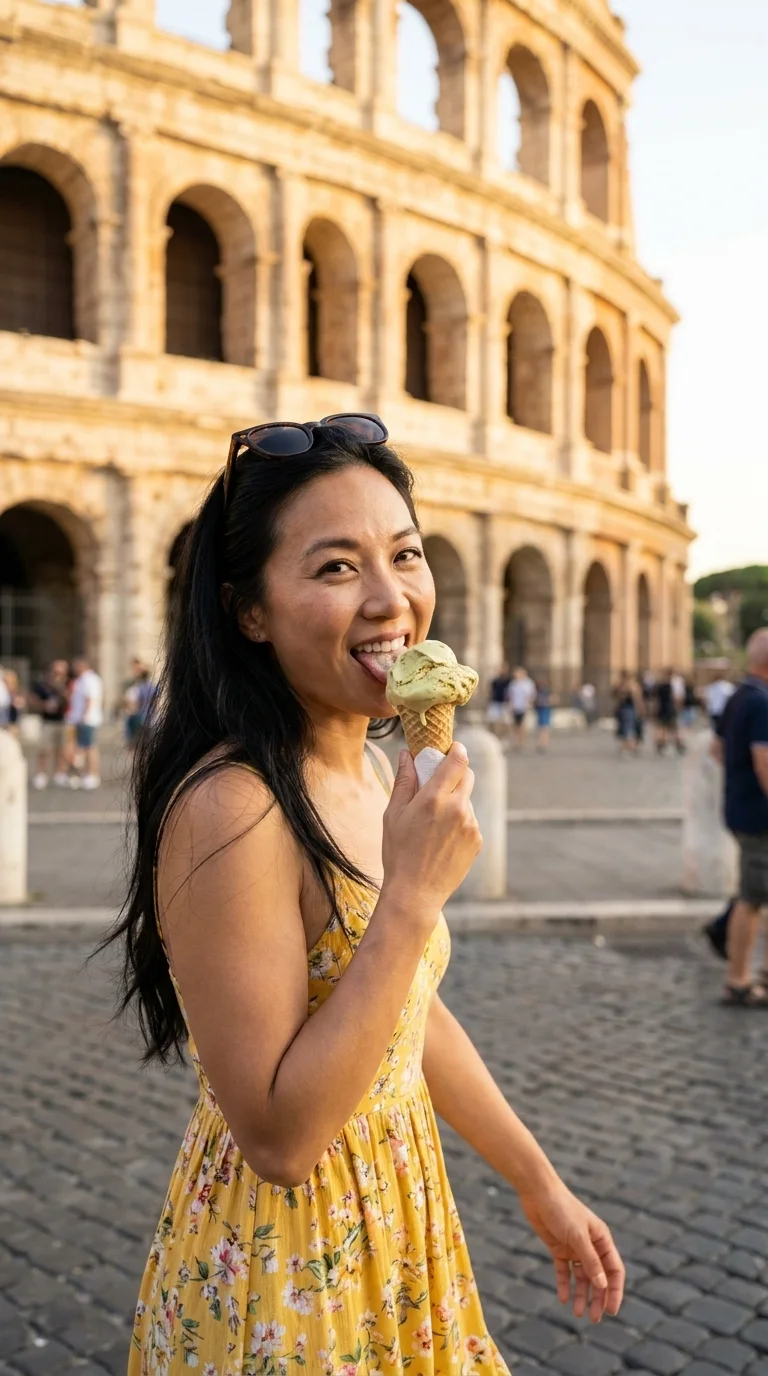 the Colosseum, Rome (Italy): eating gelato while walking (made with AI)