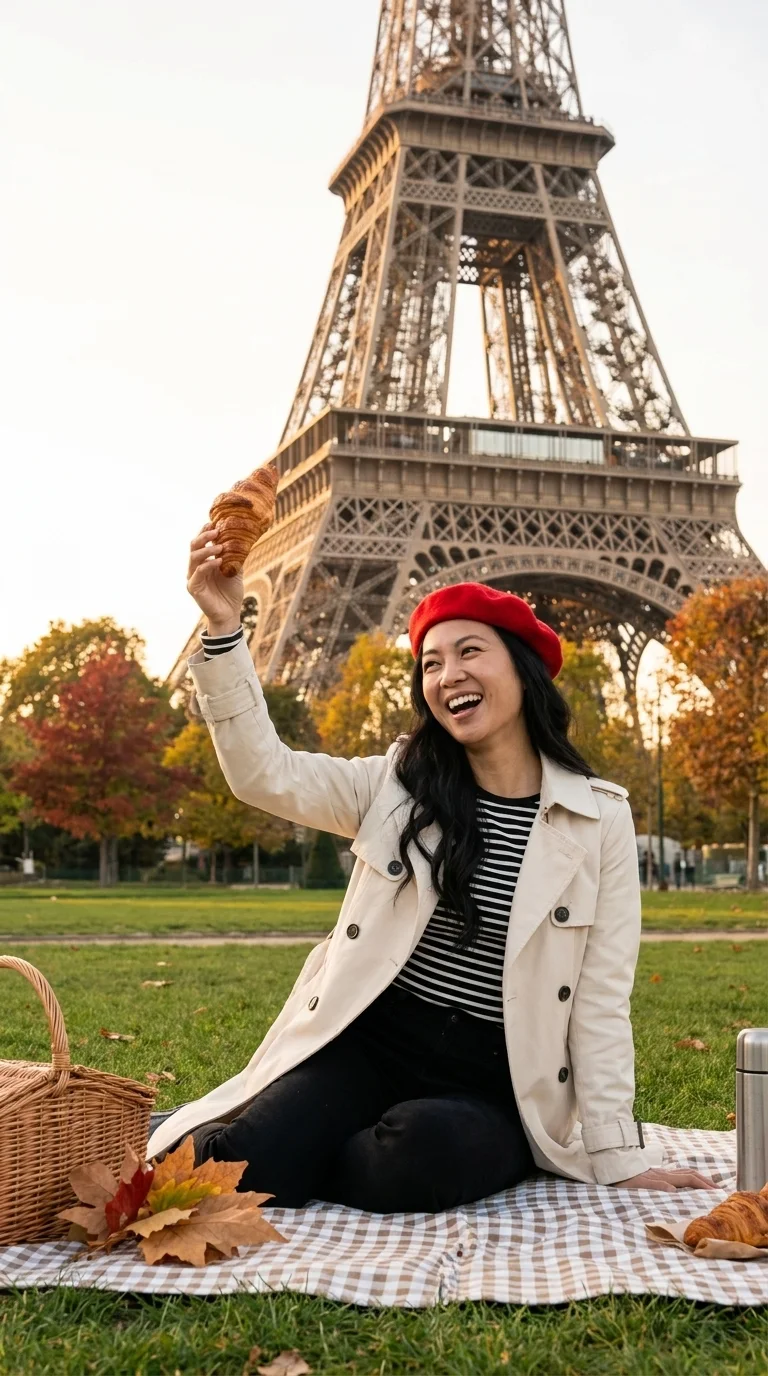 the Eiffel Tower, Paris (France): a picnic on the lawn, raising a croissant (made with AI)