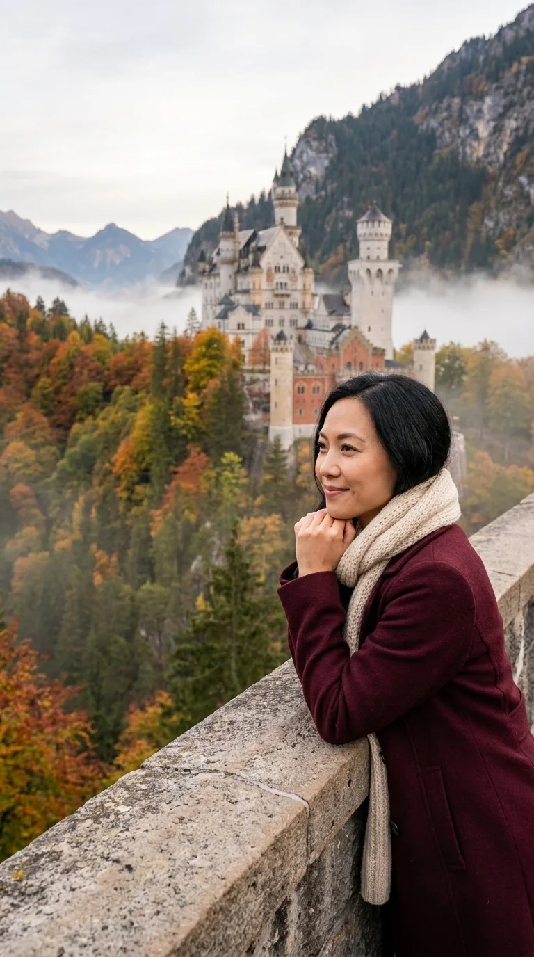 Neuschwanstein Castle (Germany): leaning on the bridge rail, chin on hands (made with AI)