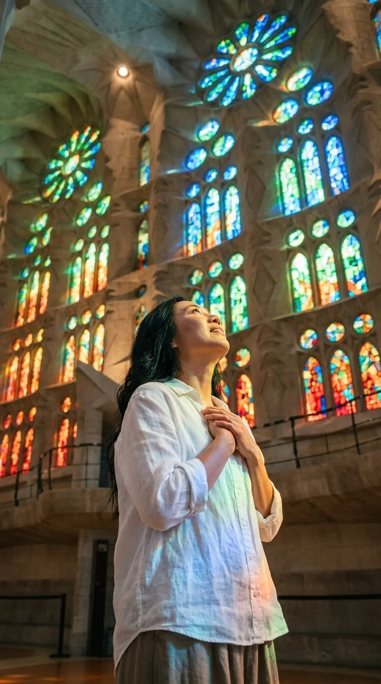 Sagrada Família, Barcelona (Spain): looking up in awe inside (made with AI)