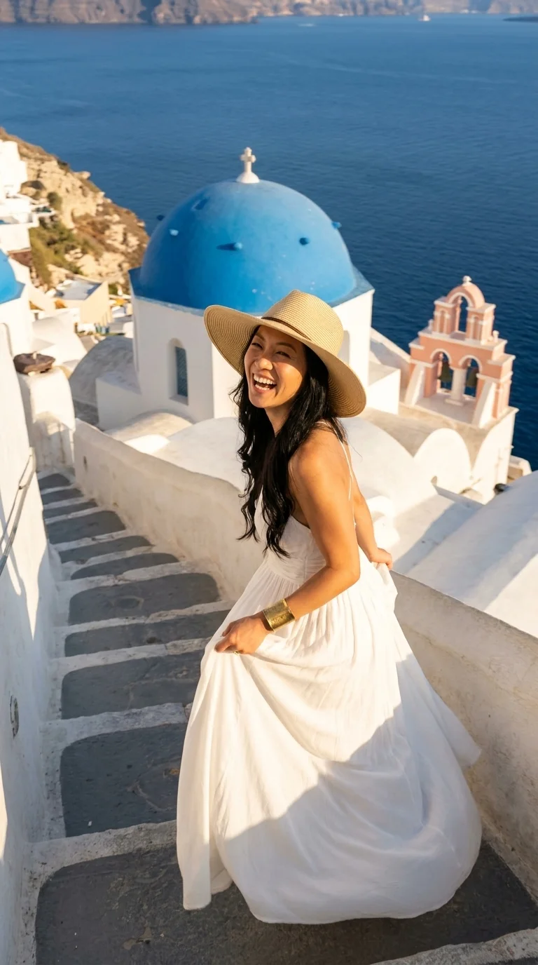 Oia, Santorini (Hy Lạp): chạy xuống các bậc thang trắng (tạo bằng AI)