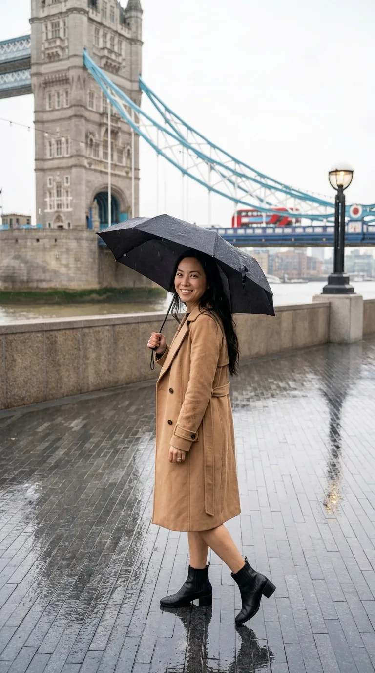 Tower Bridge, London (UK): holding an umbrella in the rain (made with AI)