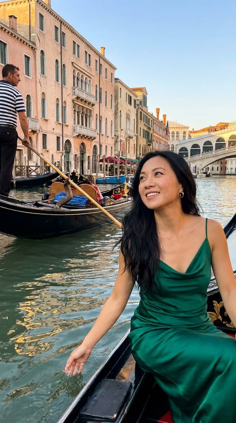 the Grand Canal, Venice (Italy): in a gondola, trailing a hand (made with AI)