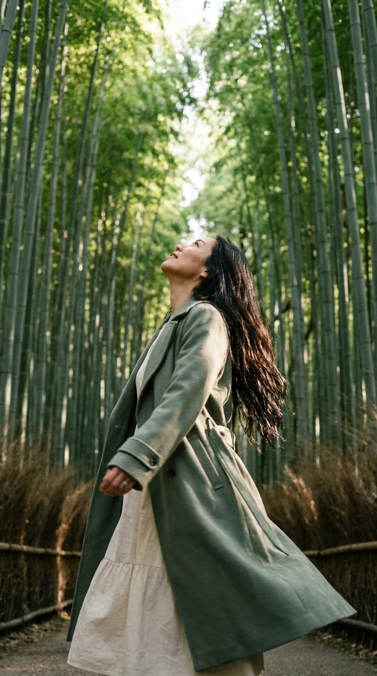 Arashiyama bamboo grove: looking straight up, spinning slowly (made with AI)