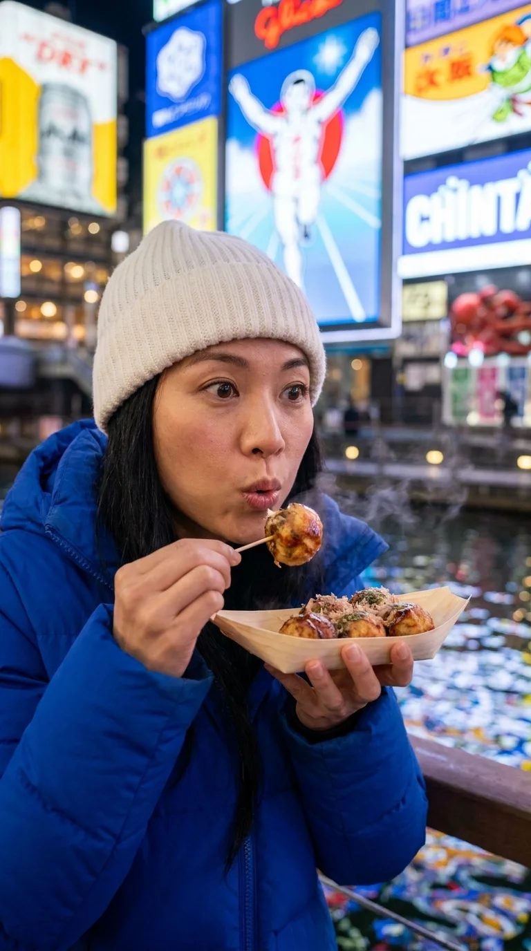 Dotonbori, Osaka: blowing on a hot takoyaki (made with AI)