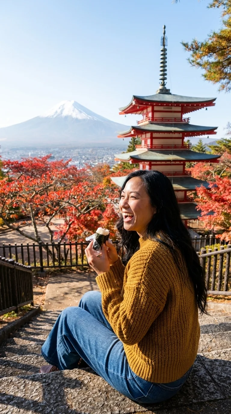 Mount Fuji from Chureito Pagoda: sitting on the steps eating an onigiri (made with AI)