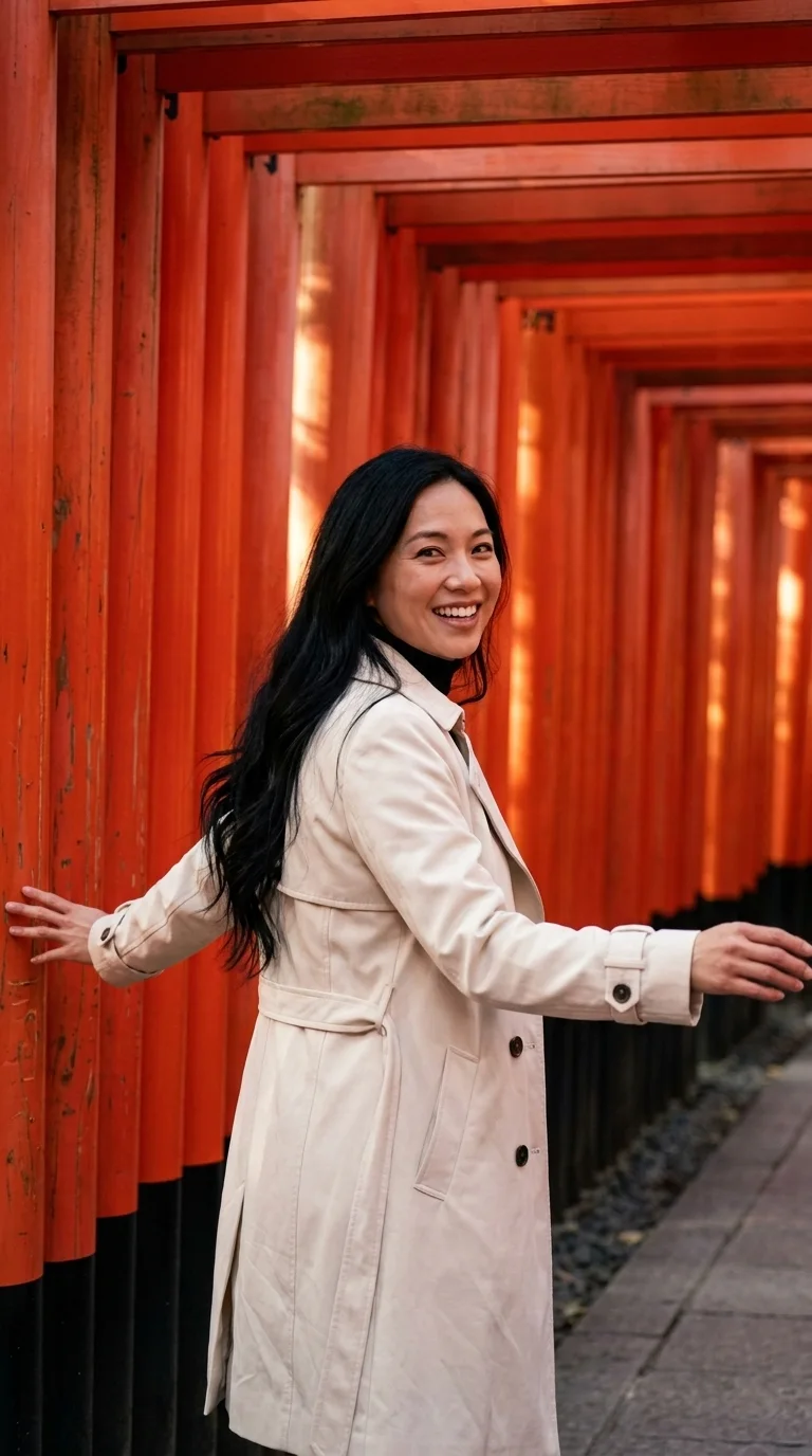 Fushimi Inari's torii gates: mid-stride, fingertips brushing the gates (made with AI)