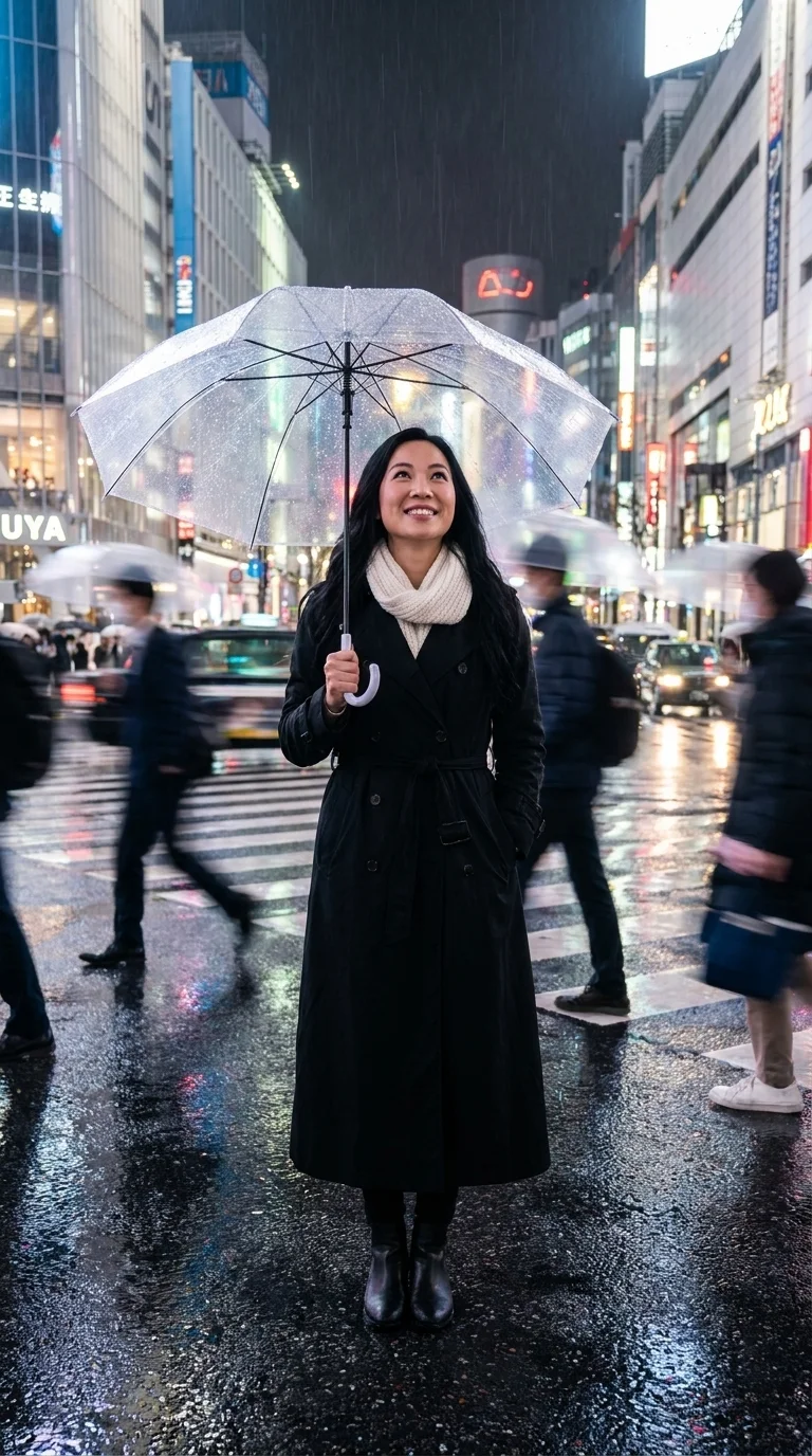 Shibuya Crossing: crossing in the crowd with a clear umbrella (made with AI)