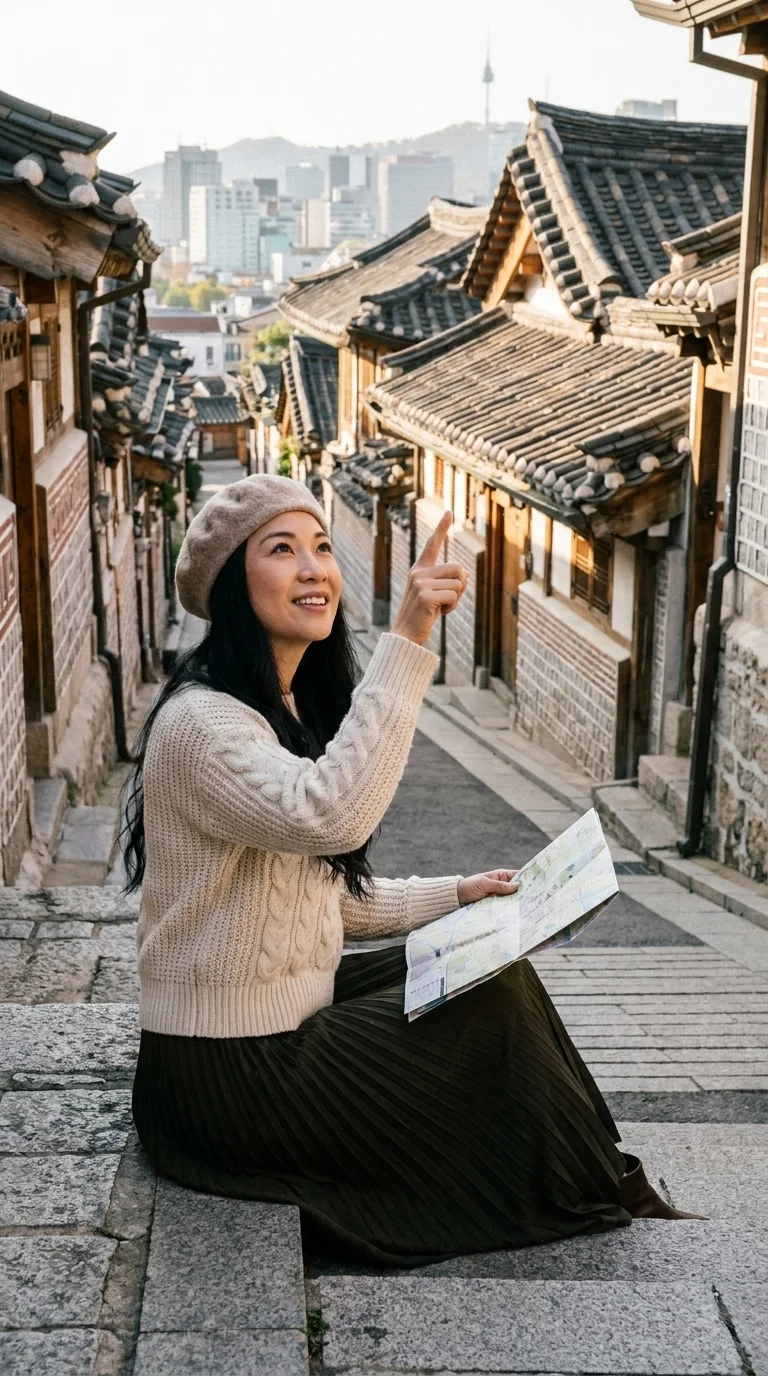 pueblo Bukchon Hanok: sentado en los escalones de piedra con un mapa de papel (creado con AI)