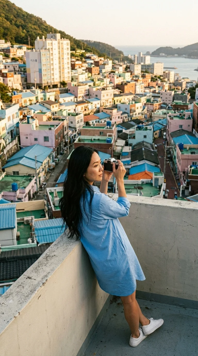 Gamcheon Culture Village, Busan: leaning on a rooftop wall with a camera (made with AI)