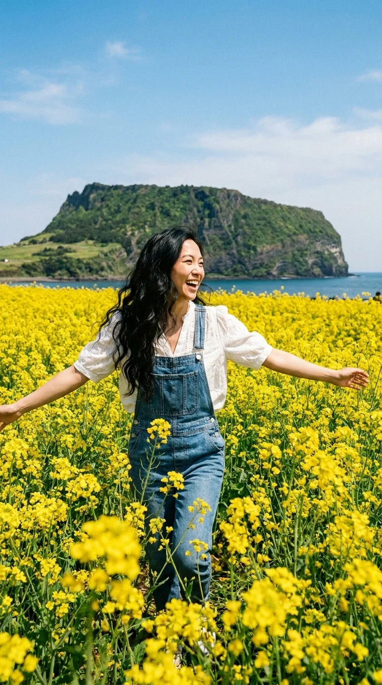 Seongsan Ilchulbong, Jeju: running through a canola field (made with AI)