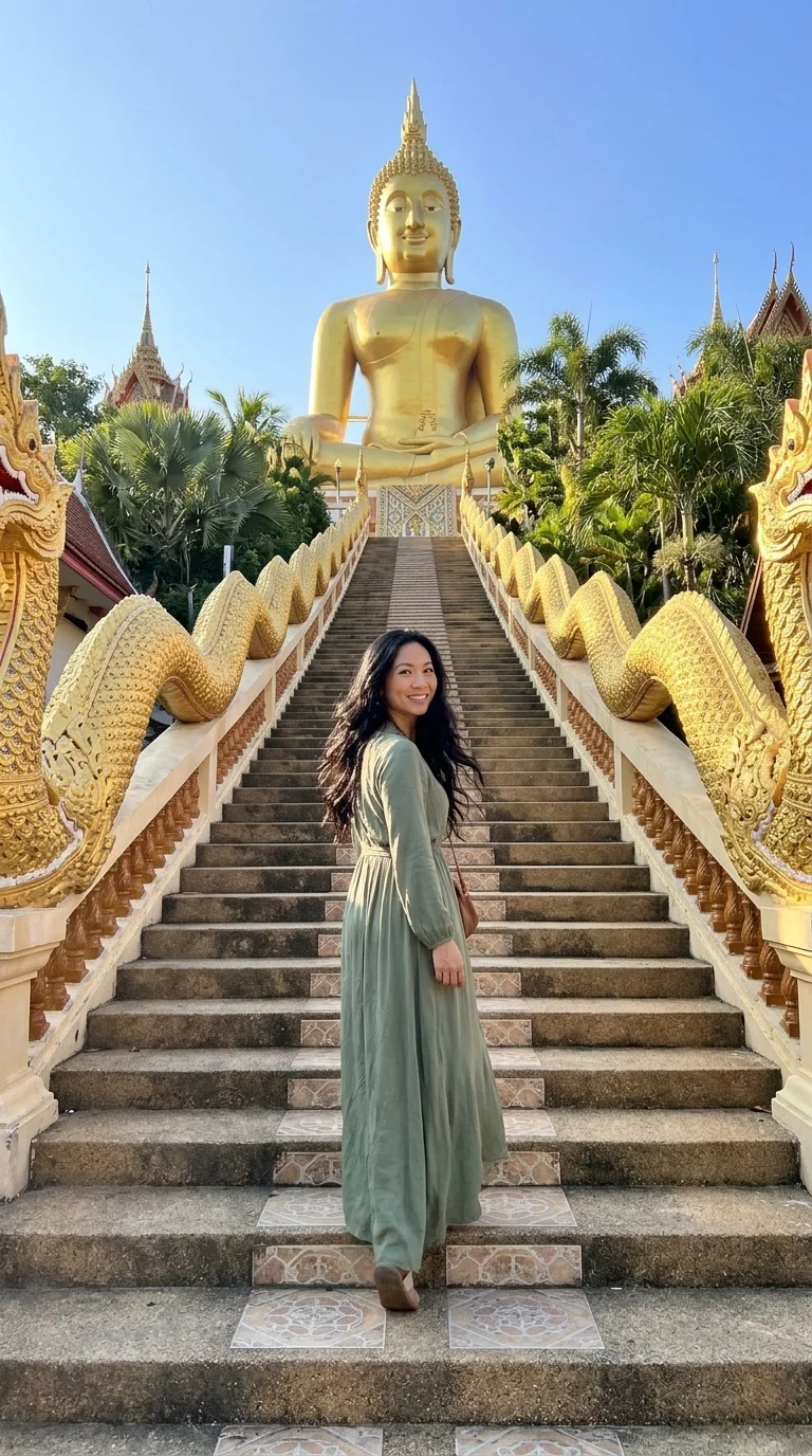 Đồi Phật lớn (Wat Phra Yai): leo cầu thang naga (được tạo với AI)