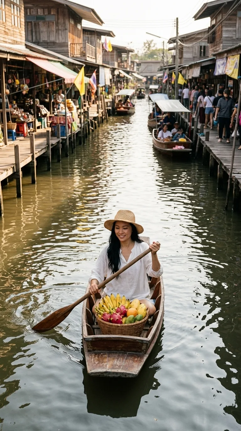 Pattaya Floating Market (Four Regions): paddling a small wooden boat (made with AI)