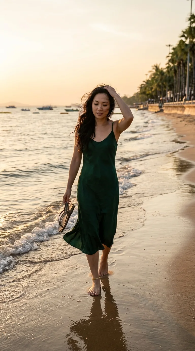 Jomtien Beach at sunset: walking the shoreline with sandals in hand (made with AI)