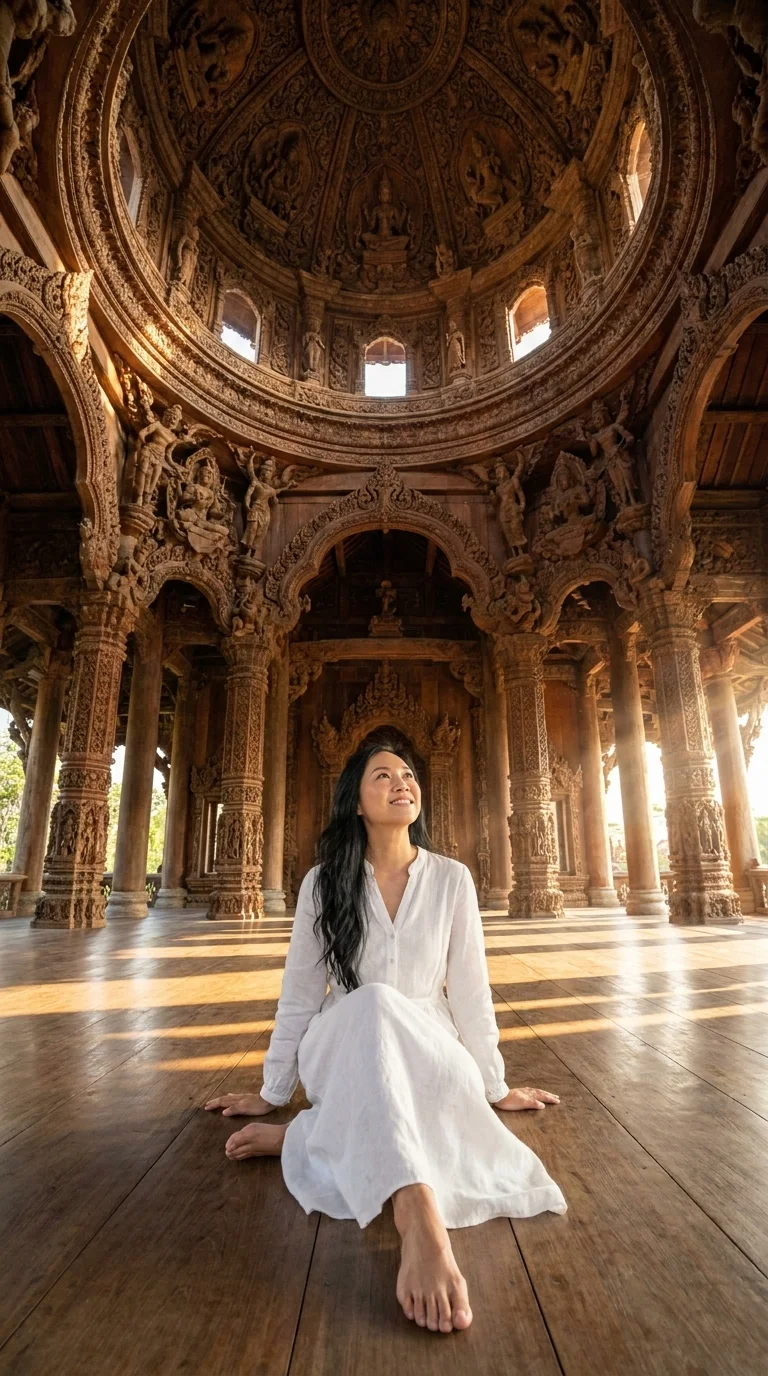 Sanctuary of Truth, inside the great hall: sitting under the carved dome, looking up (made with AI)