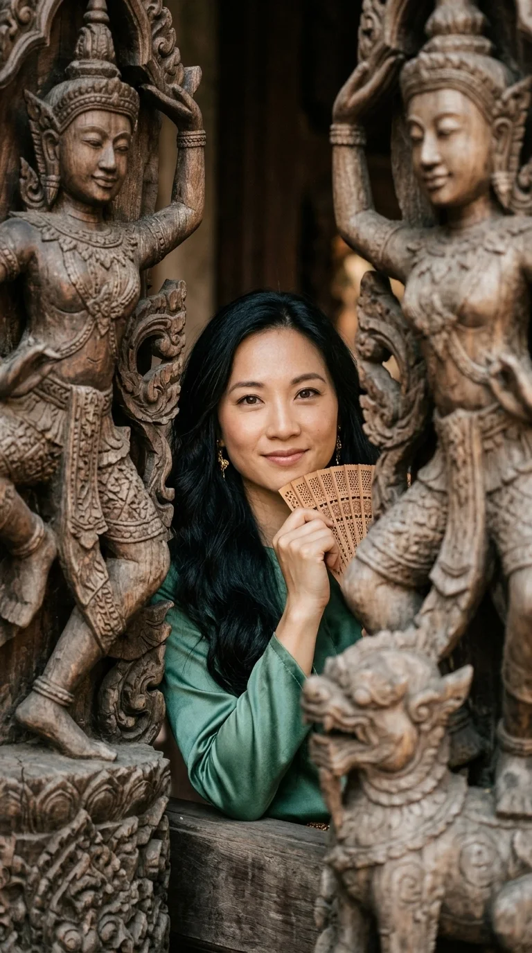 Sanctuary of Truth, among the carvings: a close portrait framed by carved figures (made with AI)