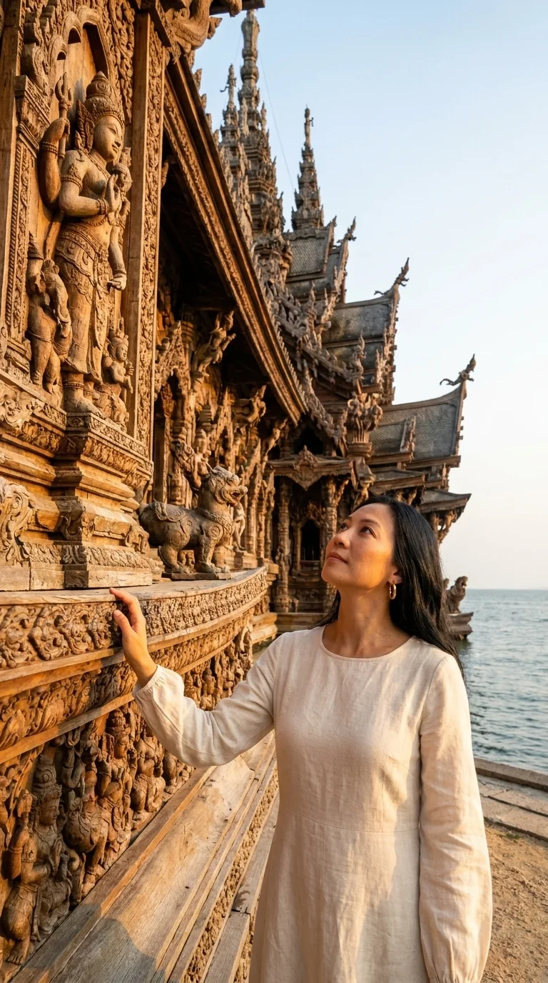 the Sanctuary of Truth: touching the carved teak wall in awe (made with AI)