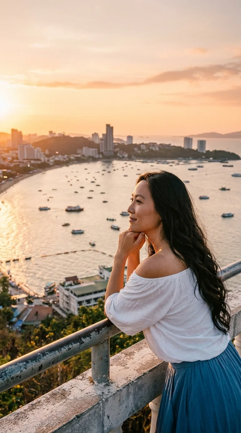 Pattaya Viewpoint: leaning on the railing at sunset (made with AI)
