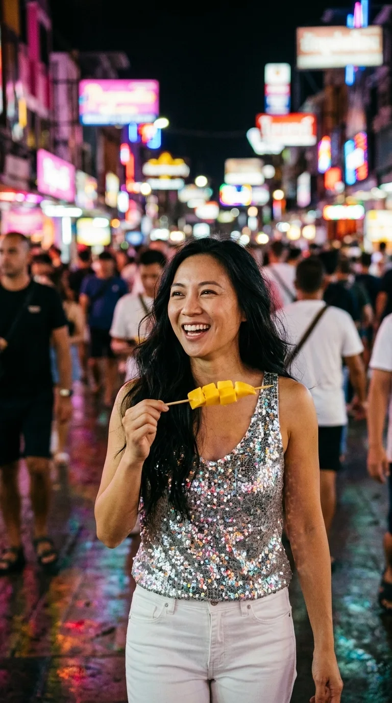 Walking Street at night: eating mango on a stick, laughing (made with AI)