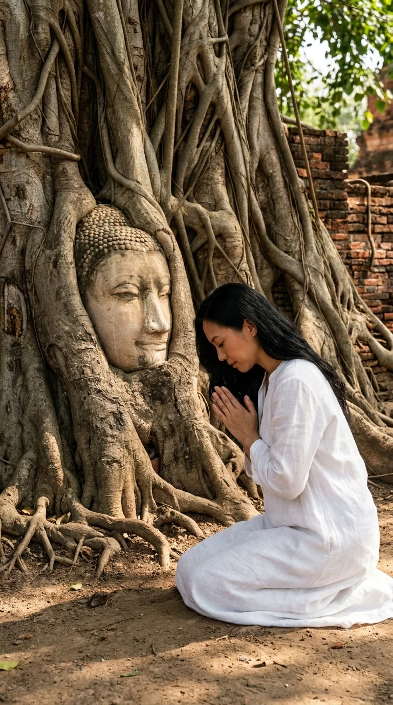 đầu Phật trong rễ cây, Ayutthaya: quỳ gối, tay đặt cùng nhau (tạo bằng AI)