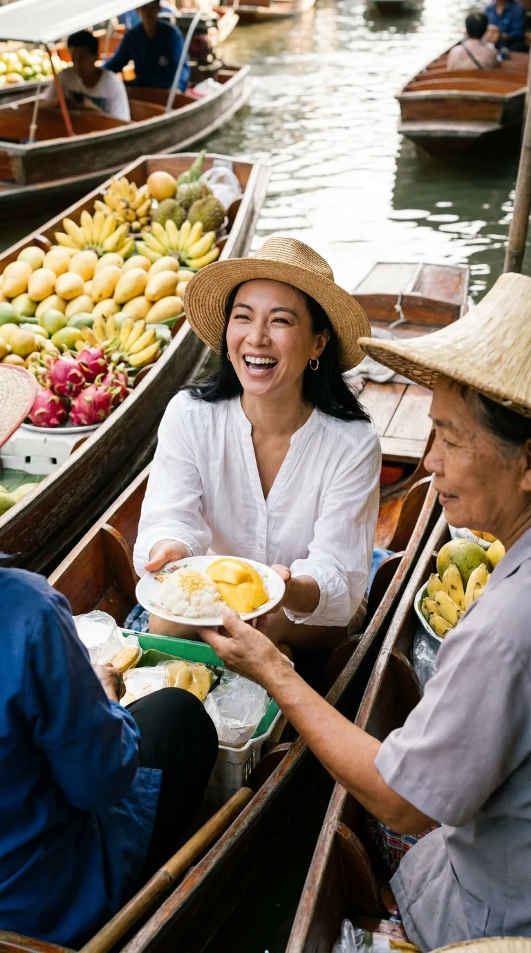 Damnoen Saduak floating market: buying mango sticky rice from a boat (made with AI)
