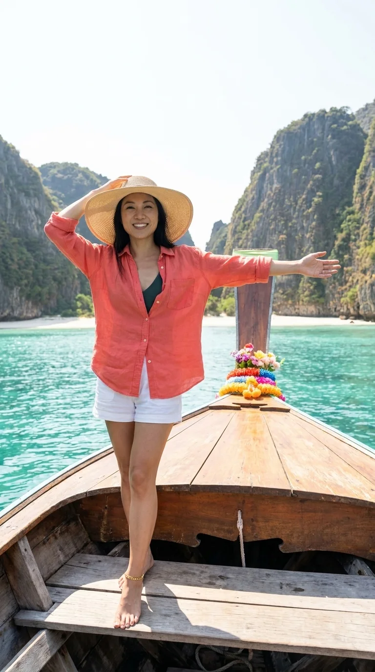 Maya Bay, Phi Phi: standing at the bow of a long-tail boat (made with AI)