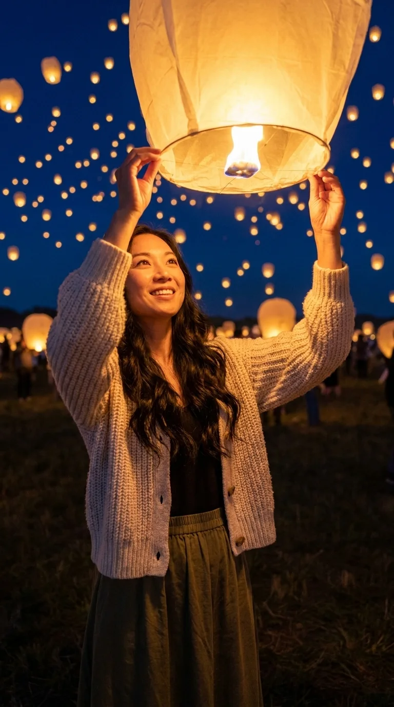 Festival de linternas Yi Peng, Chiang Mai: lanzando una linterna al cielo (hecho con IA)