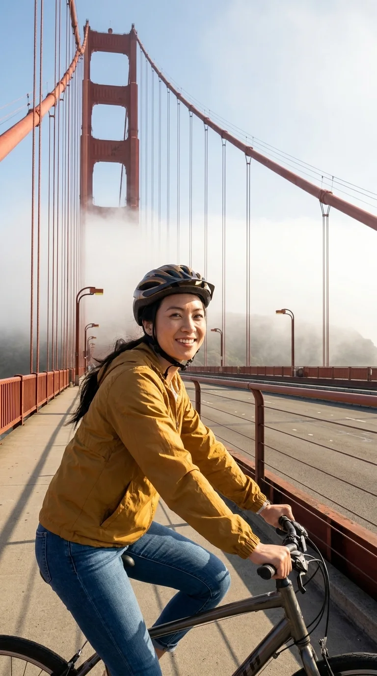 El puente Golden Gate: cruzando el puente en bicicleta (hecho con IA)