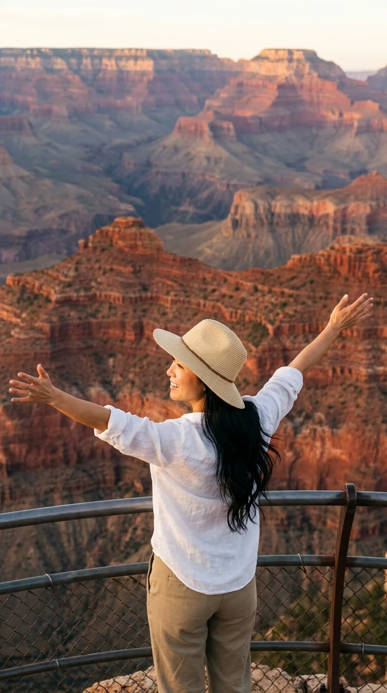 the Grand Canyon: arms open at a railed viewpoint (made with AI)