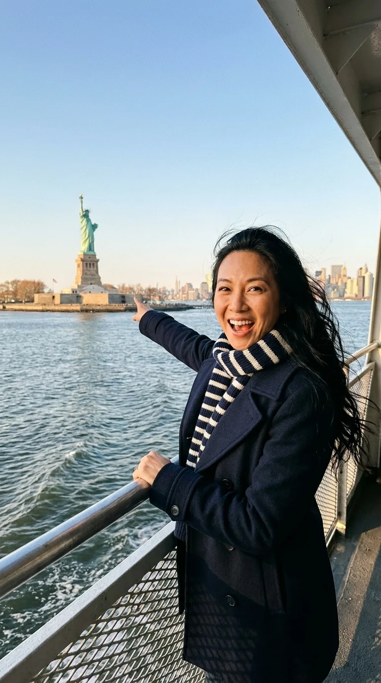 the Statue of Liberty: on the ferry rail, pointing at the statue (made with AI)