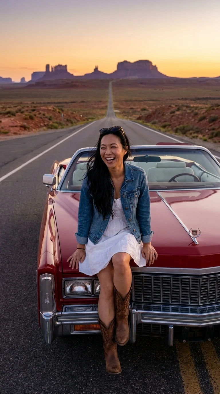 Monument Valley: sitting on a vintage car's hood (made with AI)