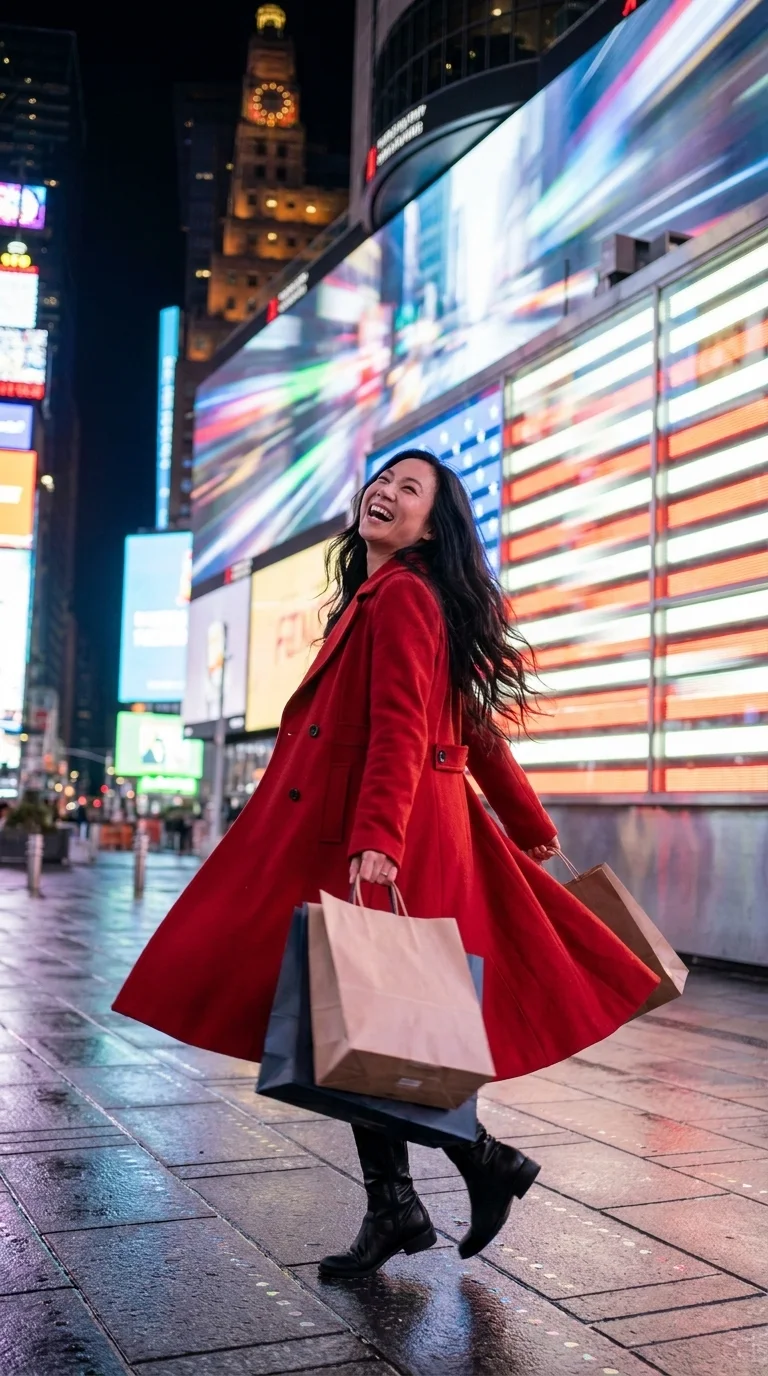 Times Square, New York: spinning with shopping bags (made with AI)