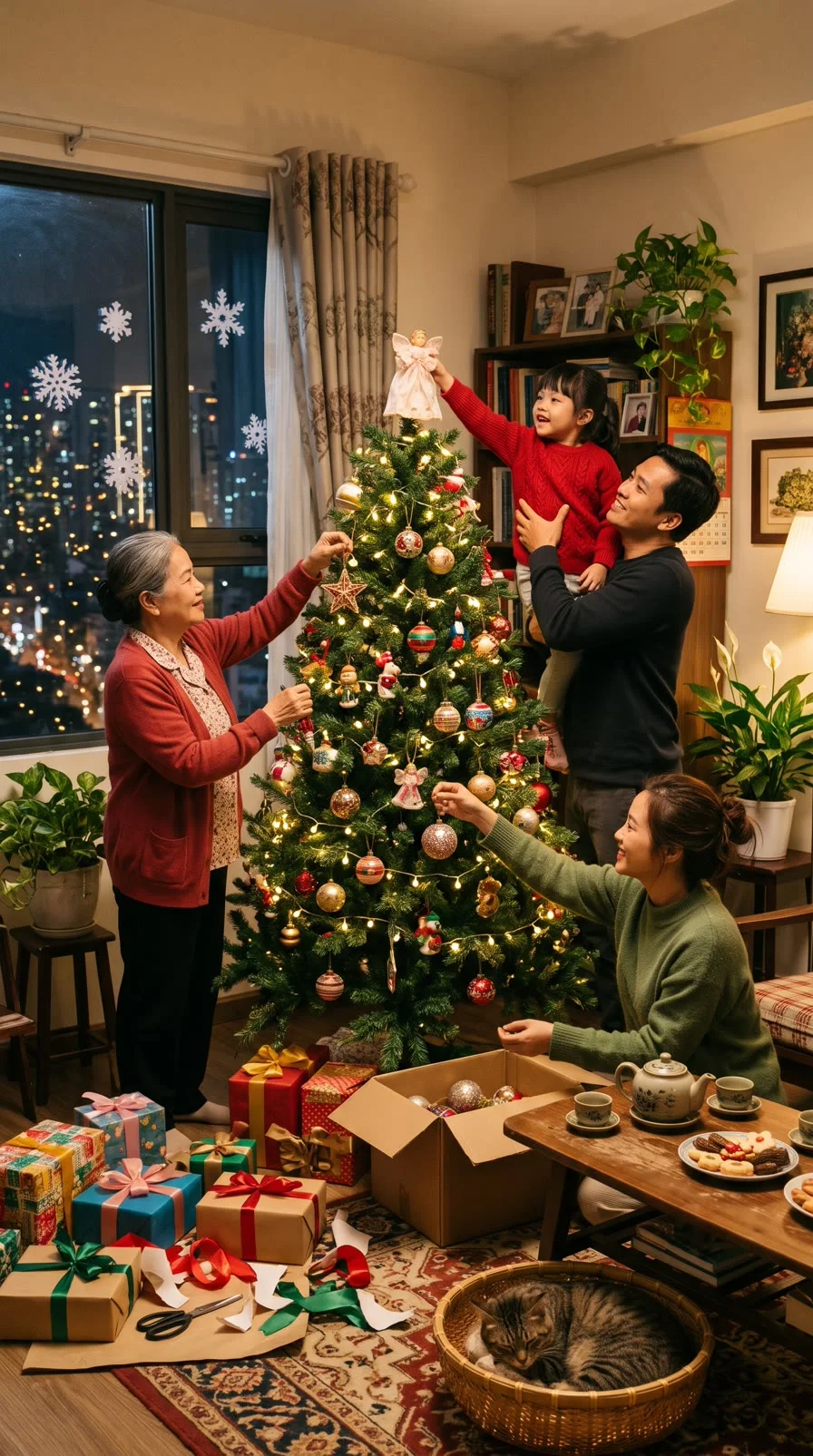 Three generations trim the tree (made with AI)