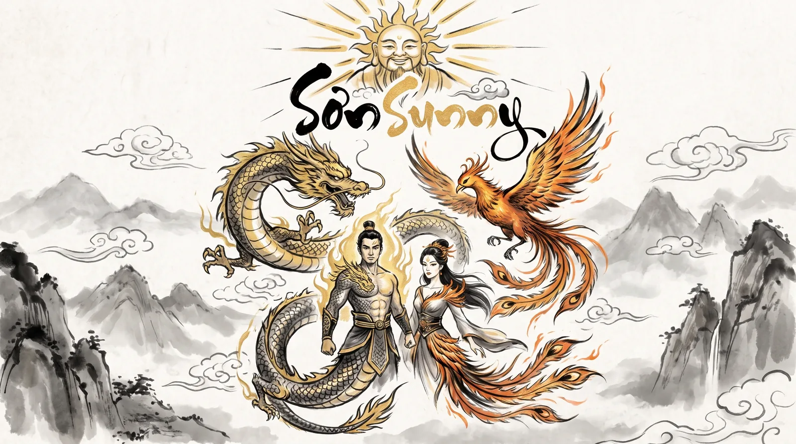 Un dragón y un fénix rodeando un sol naciente — la marca SonSunny.